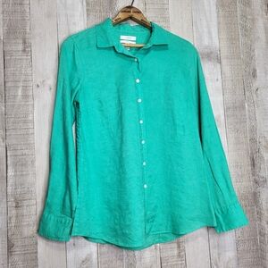 J. Crew Perfect Teal Green Linen Button-Down Shirt. Size 4P 4 Petite.